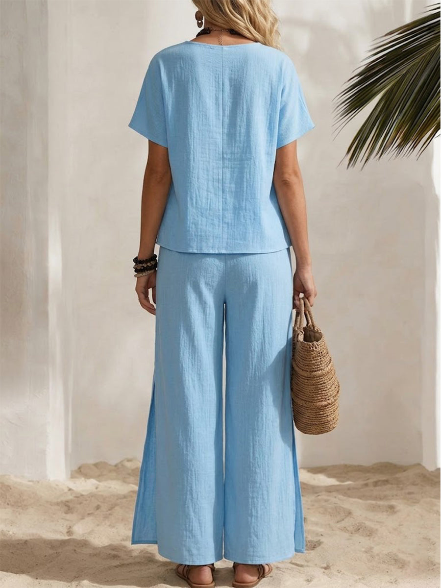 Ensemble deux pièces asymétrique en coton et lin à col rond + pantalon large à fentes latérales