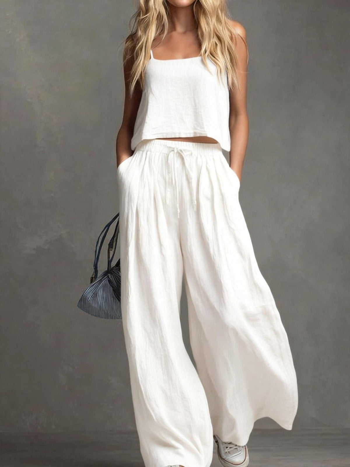Ensemble pantalon large et haut à bretelles en coton et lin décontracté de couleur unie