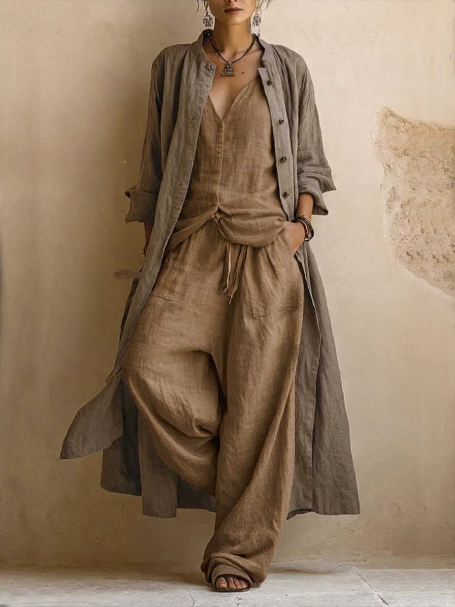 Ensemble trois pièces décontracté cardigan long, haut sans manches et pantalon en lin et coton bohème