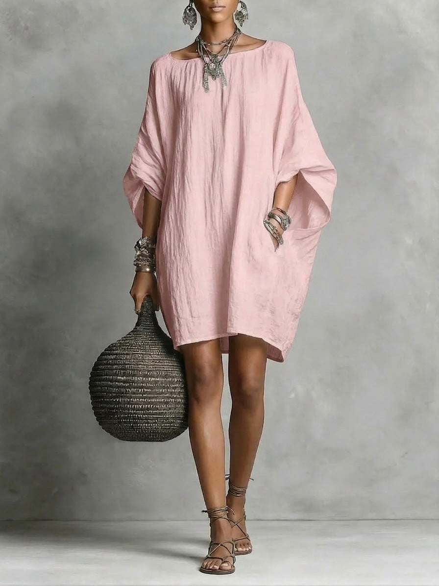 Robe décontractée femme en coton-lin, couleur unie, col rond, manches 3/4, coupe ample