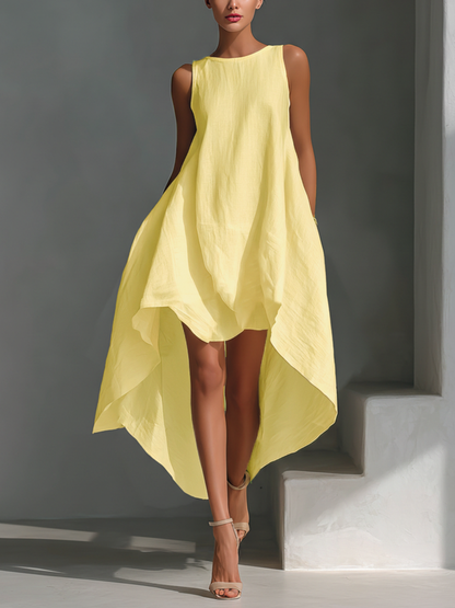 Robe midi sans manches en lin blanc pour femme à col rond