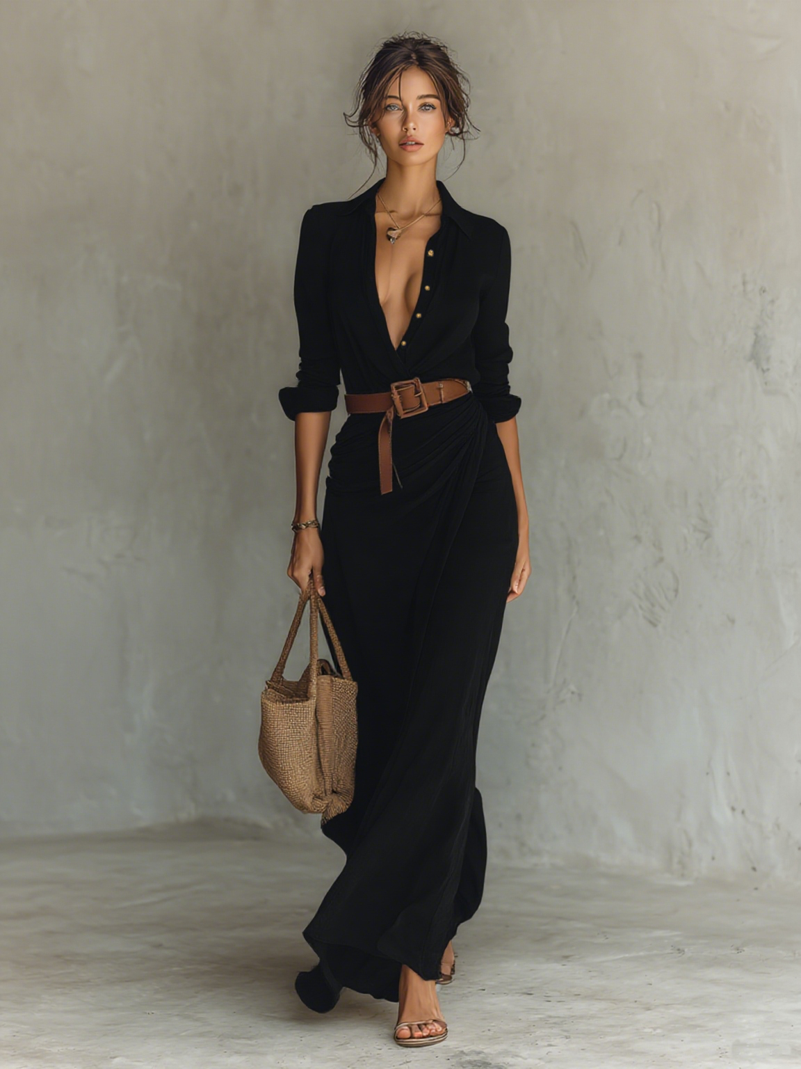 Maxi-robe femme à revers, simple boutonnage, manches longues, fournie avec ceinture