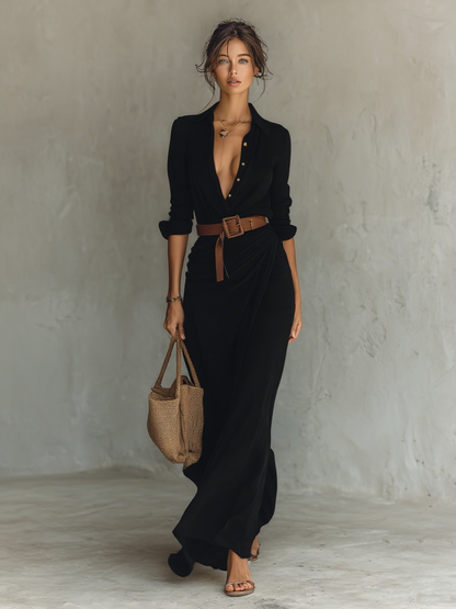 Maxi-robe femme à revers, simple boutonnage, manches longues, fournie avec ceinture