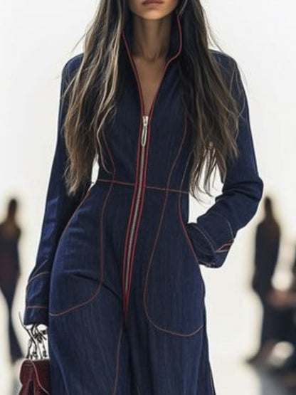 High-neck, long-sleeve, wide-leg, zip-front jumpsuit