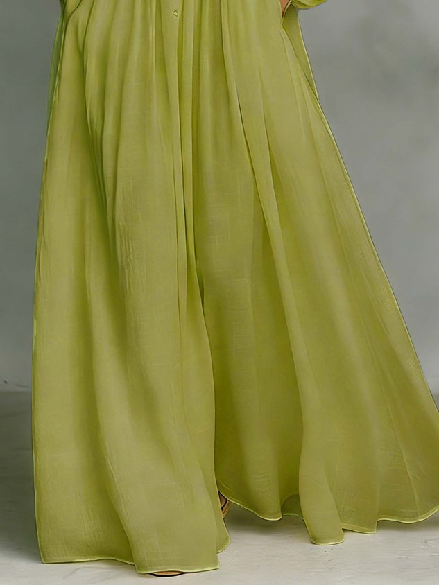 Casual cotton and linen maxi dress, high waist, stand-up collar, for everyday wear