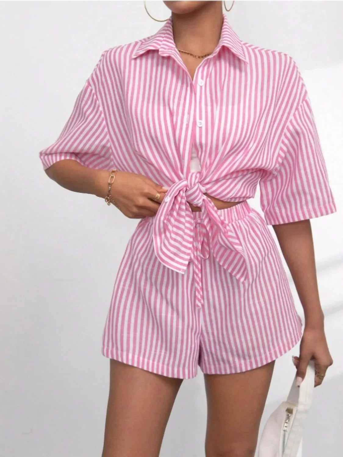 Caitlin Striped Button Up Shirt and Shorts Set