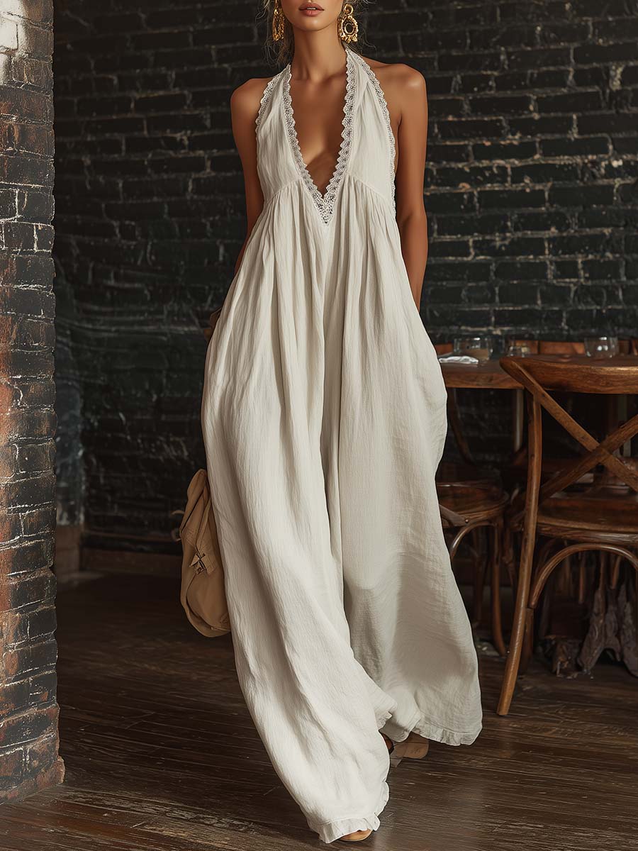 Combinaison en coton écru sans manches avec décolleté en V bordé de dentelle, style bohème urbain rétro