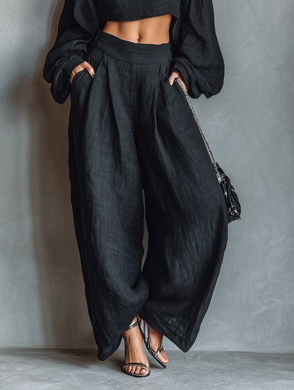 Ensemble blouse longue sans bretelles à manches longues en mélange de lin et pantalon ample à jambes larges pour femme