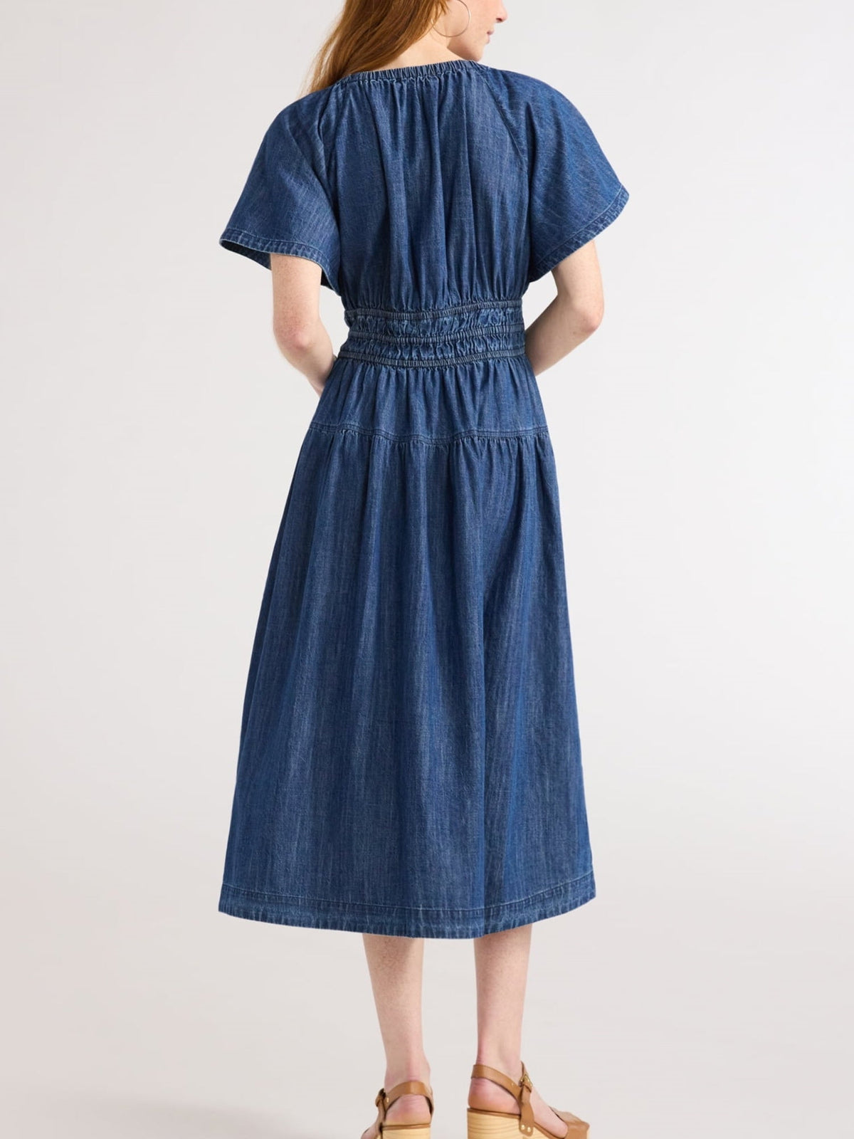 Casual women's light denim ruffled midi dress, on sale