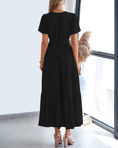 Robe décontractée midi et maxi femme d'été légère à manches courtes et col V