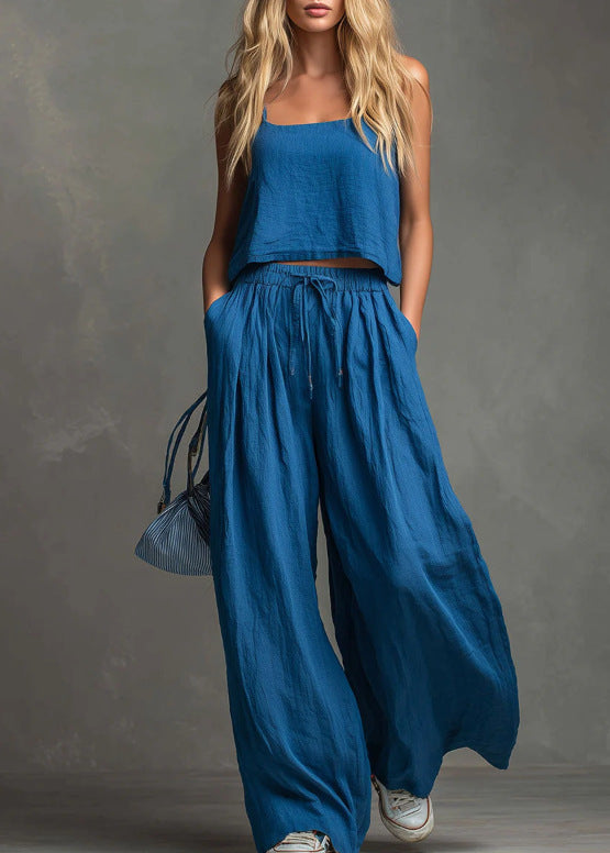 Ensemble pantalon large et haut à bretelles en coton et lin décontracté de couleur unie
