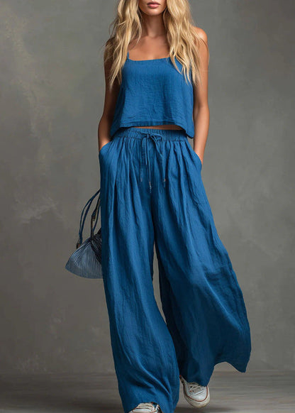 Ensemble pantalon large et haut à bretelles en coton et lin décontracté de couleur unie