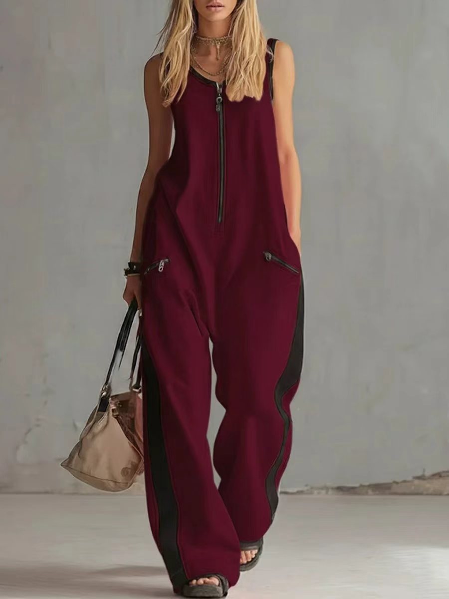 Combinaison Sans Manches Femme Bicolore - Jambes Larges Sporty avec Détail Fermeture Éclair (S-2XL)