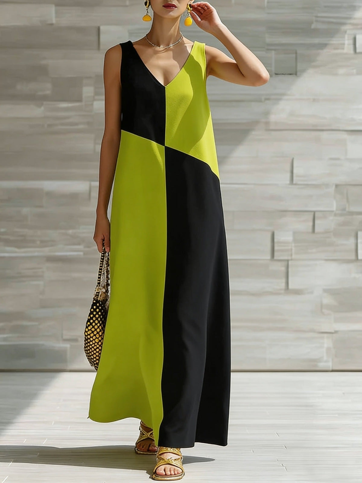 Robe longue sans manches color block
