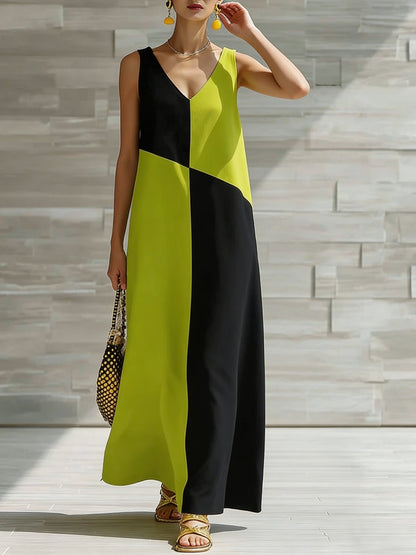 Robe longue sans manches color block