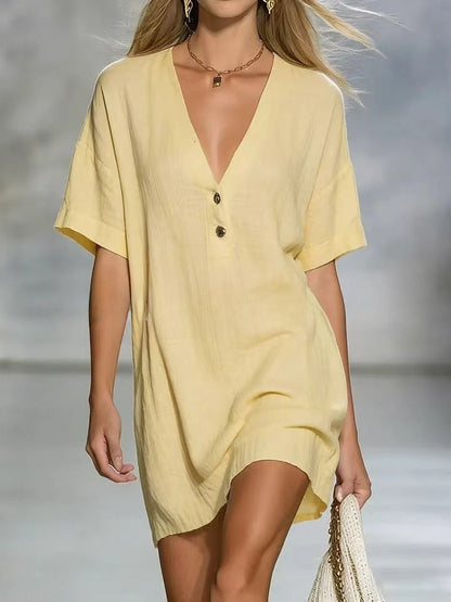 Robe chemise en lin mélangé à col en V, chic et facile à porter