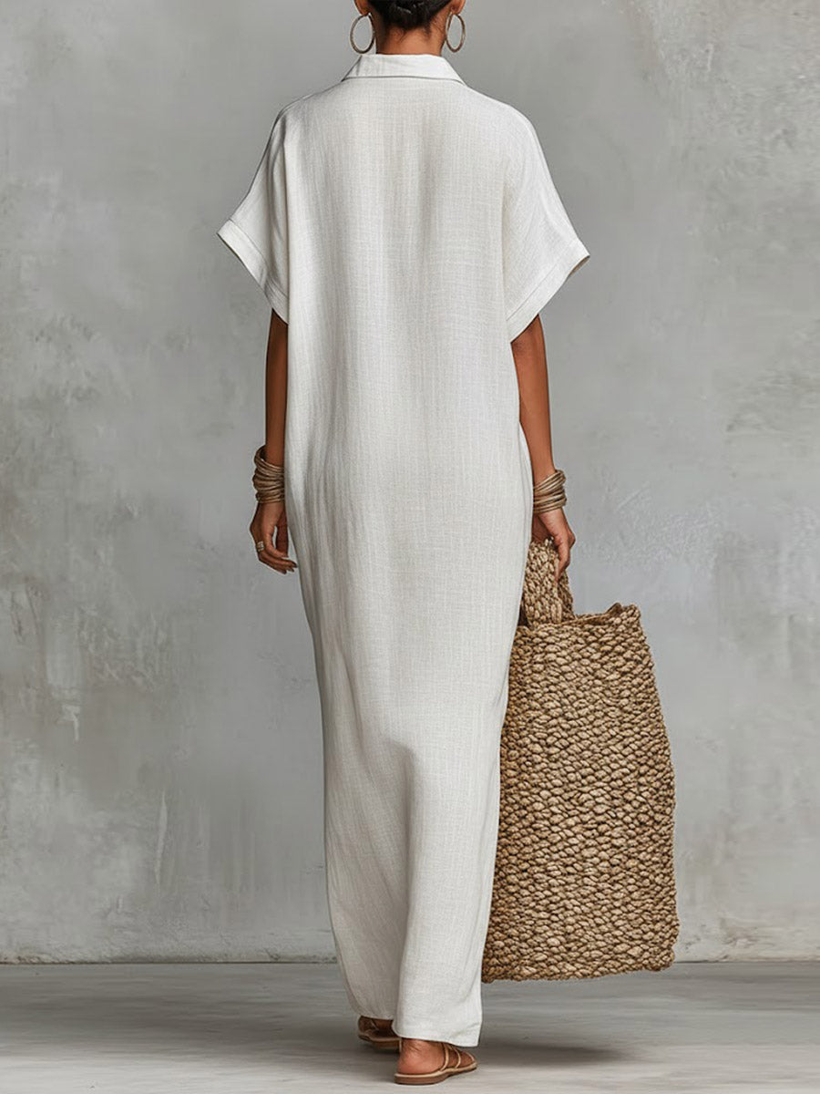 Robe décontractée ample en lin pour femme, unie, à col et à manches courtes