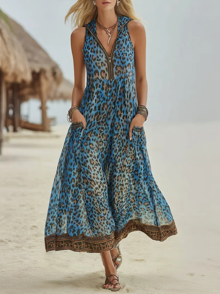 Robe mi-longue à capuche imprimé léopard vert style rétro décontracté pour femme