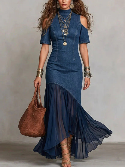 Robe midi à épaules dénudées avec ourlet en maille – Robe moulante à manches courtes