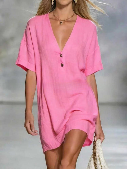 Robe chemise en lin mélangé à col en V, chic et facile à porter
