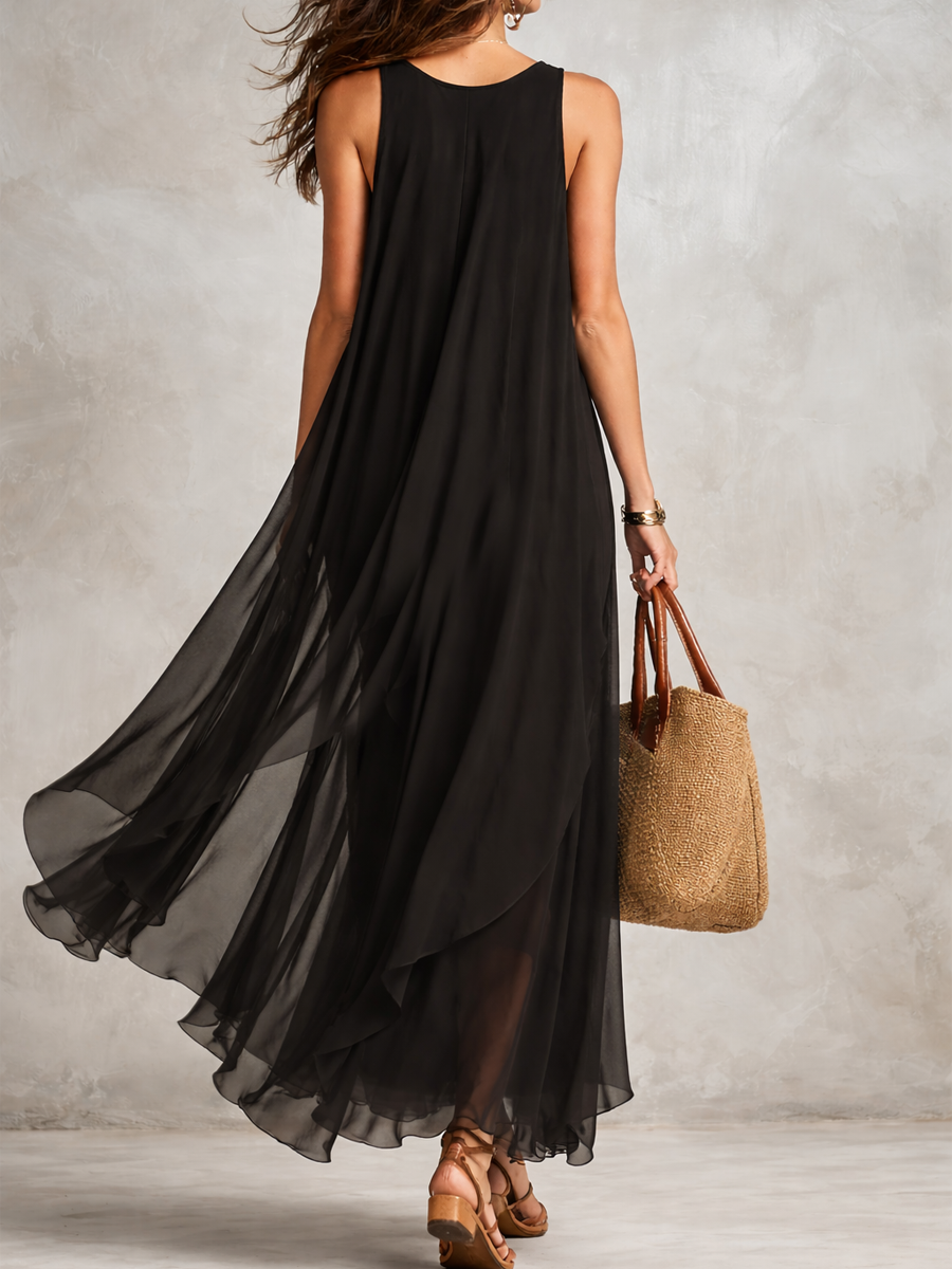Robe longue bohème en mousseline de soie noire à étages