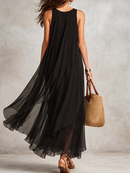 Robe longue bohème en mousseline de soie noire à étages