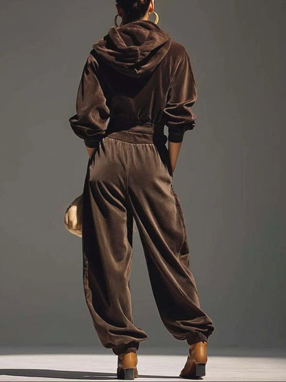 Vintage brown velvet hoodie and wide-leg trousers (belt included)