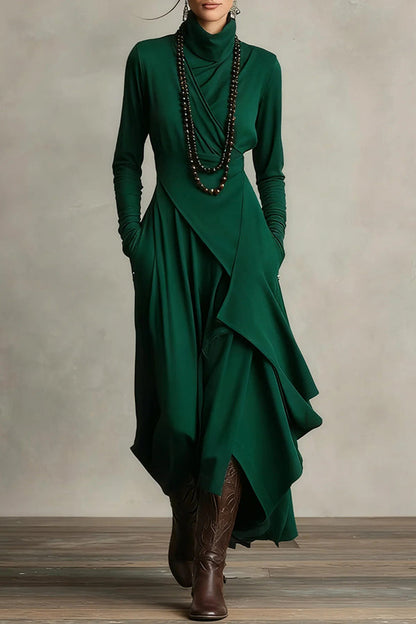 Robe longue décontractée unie à col montant, manches longues et ourlet asymétrique