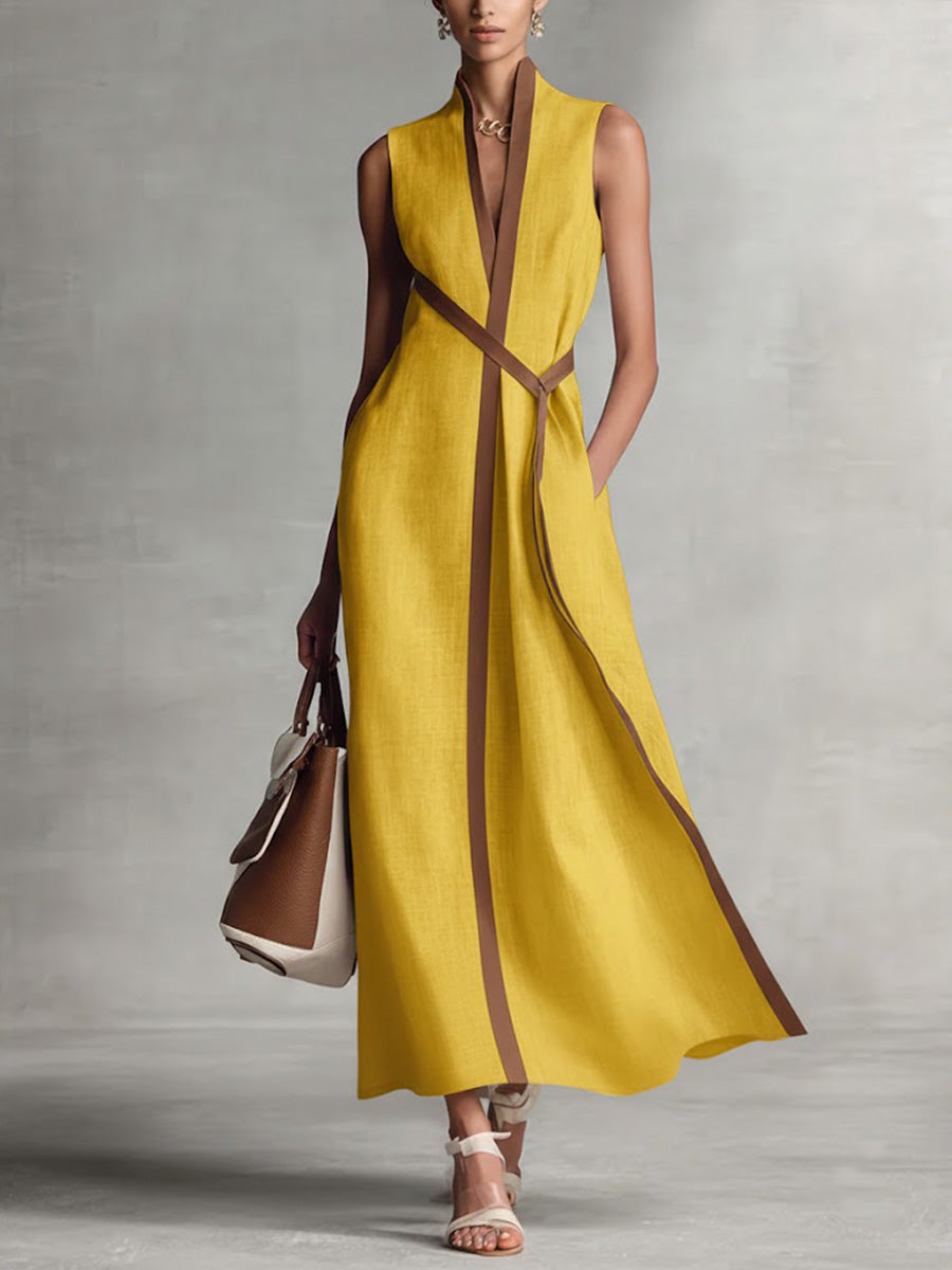 Robe décontractée sans manches ample en coton et lin à col montant pour femme