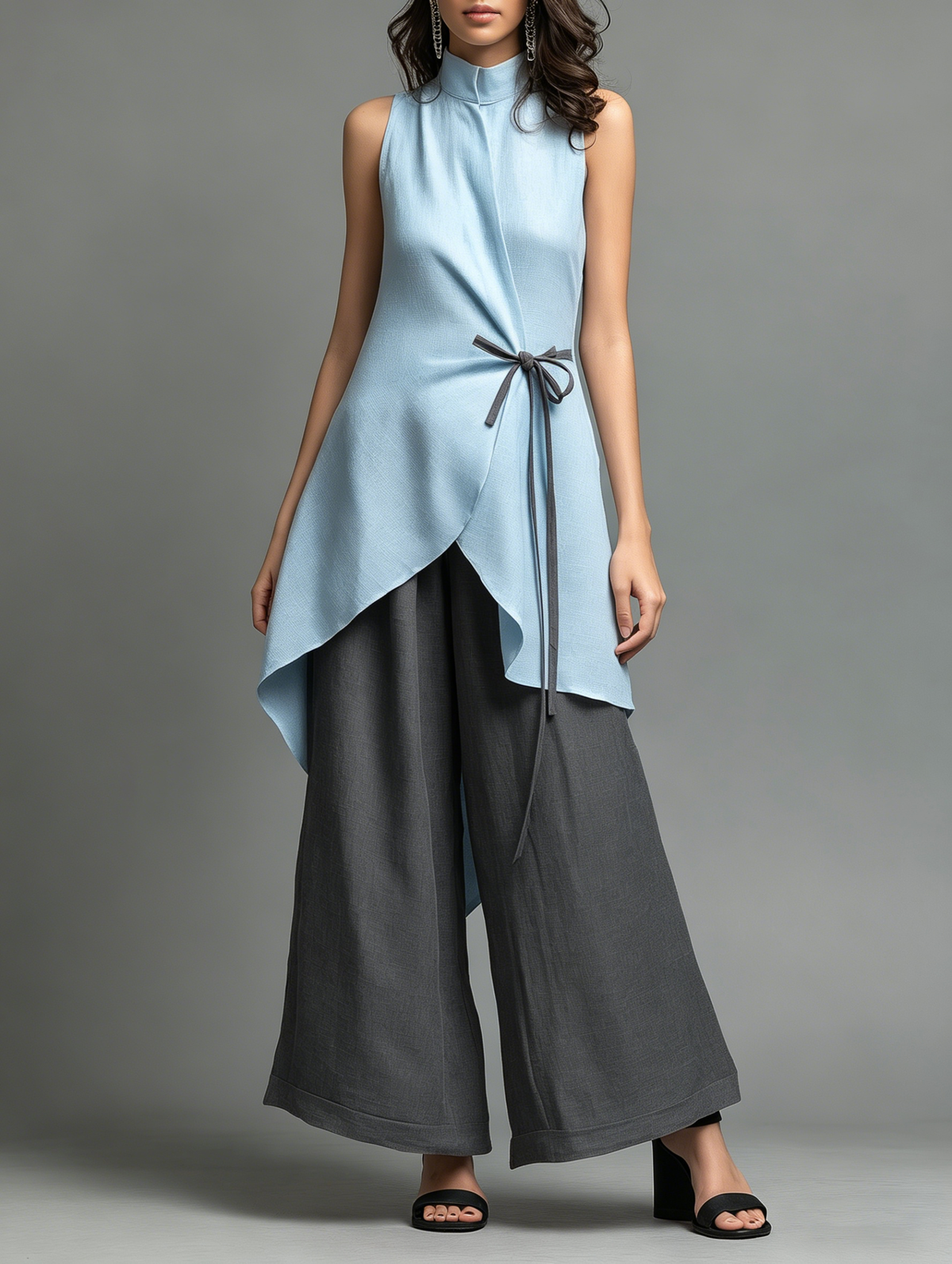Ensemble top sans manches à col montant color block avec laçage + pantalon taille haute coupe large en coton et lin
