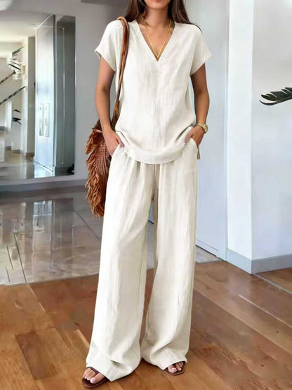Ensemble 2 pièces en lin : haut col V manches courtes et pantalon large taille élastique