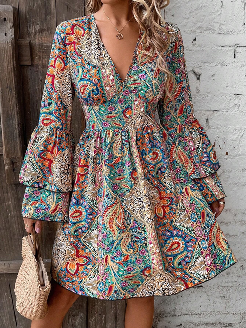 Bohemian dress with paisley and floral patterns, bell sleeves