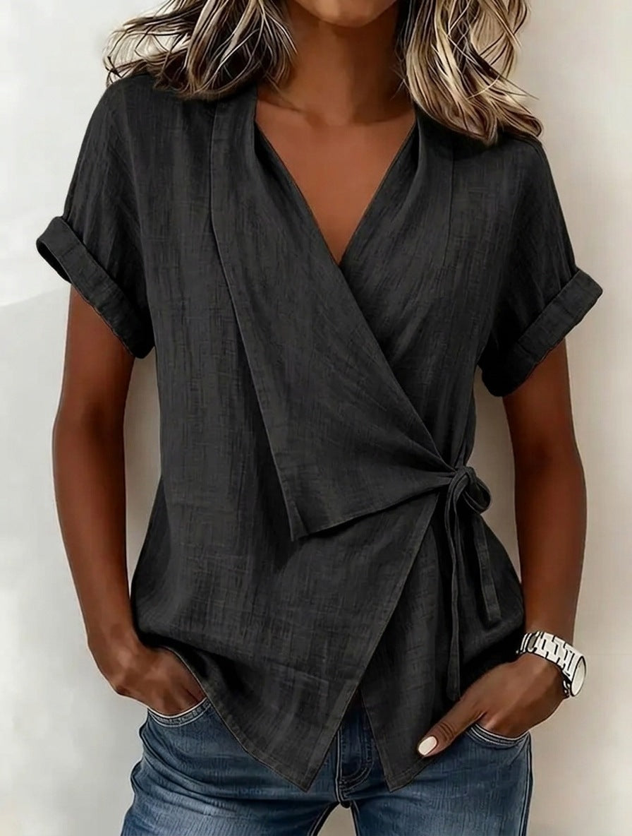Blouse à manches courtes et col en V en lin mélangé avec ceinture à nouer à la taille