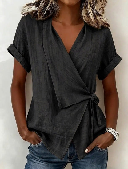 Blouse à manches courtes et col en V en lin mélangé avec ceinture à nouer à la taille