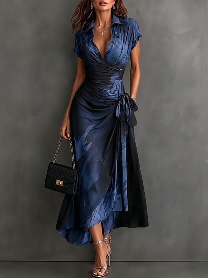 Robe Midi Cache-cœur Imprimé Abstrant Rouge et Noir Col V Manches Courtes Ceinture Nouée Ourlet Asymétrique Volanté