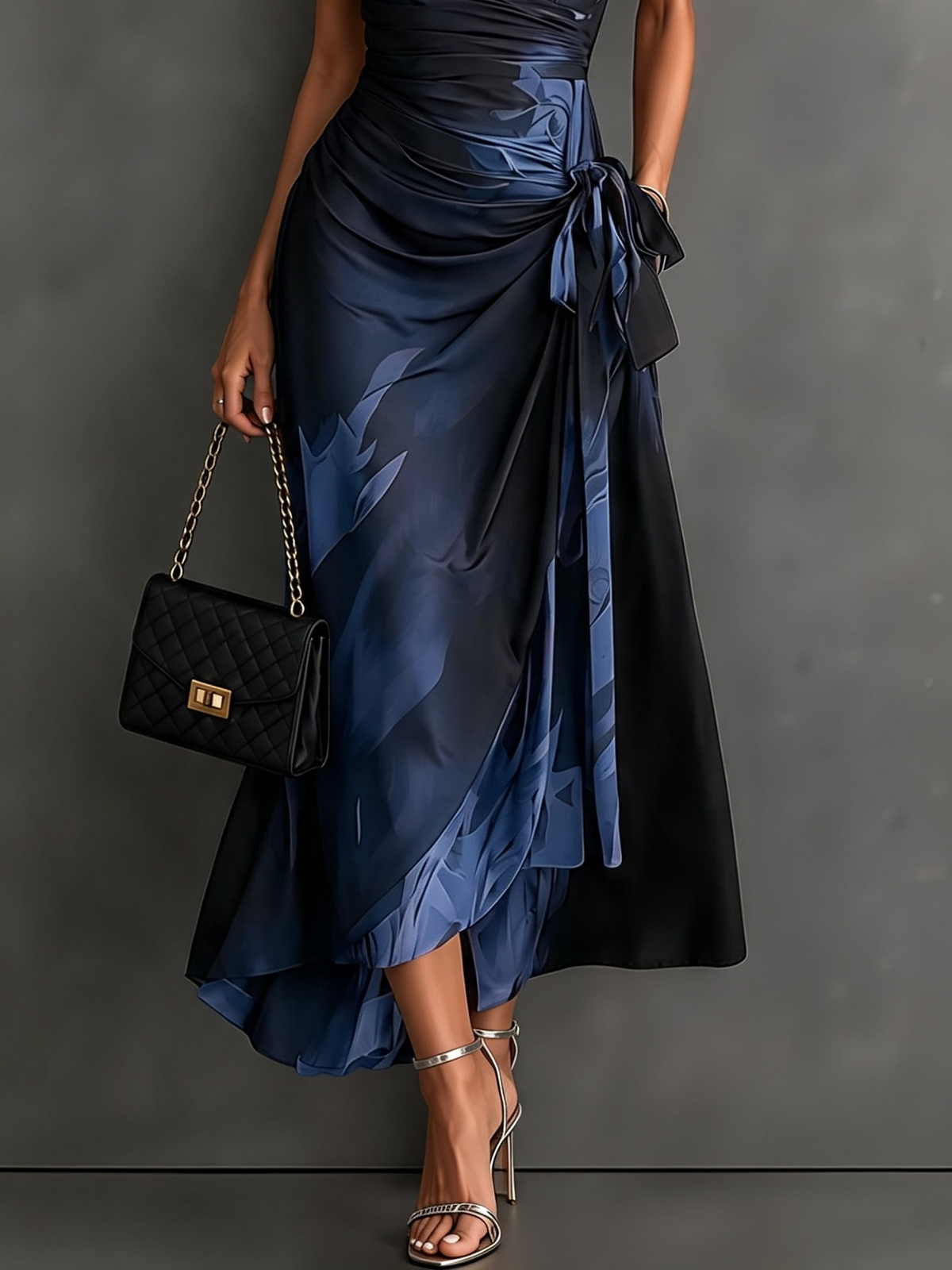 Robe Midi Cache-cœur Imprimé Abstrant Rouge et Noir Col V Manches Courtes Ceinture Nouée Ourlet Asymétrique Volanté