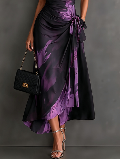 Robe Midi Cache-cœur Imprimé Abstrant Rouge et Noir Col V Manches Courtes Ceinture Nouée Ourlet Asymétrique Volanté