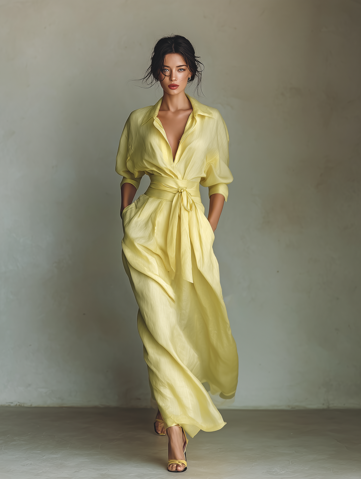 Long lemon yellow cotton-linen blend shirt dress with a tie waist and mid-length sleeves