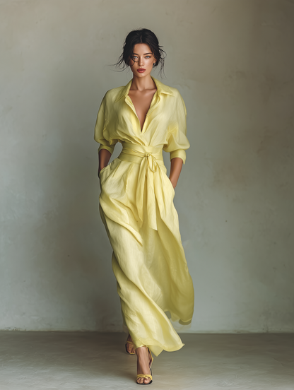 Long lemon yellow cotton-linen blend shirt dress with a tie waist and mid-length sleeves