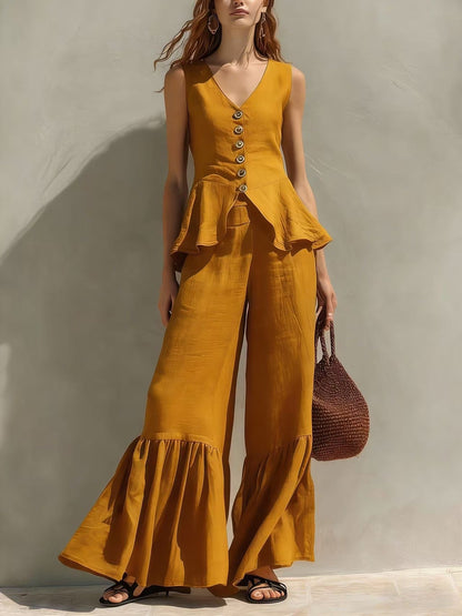 Ensemble haut péplum et pantalon large à volants en mélange de lin moutarde