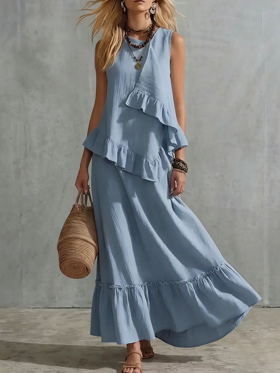 Robe longue texturée sans manches à volants asymétriques, robe longue d'été ample et fluide