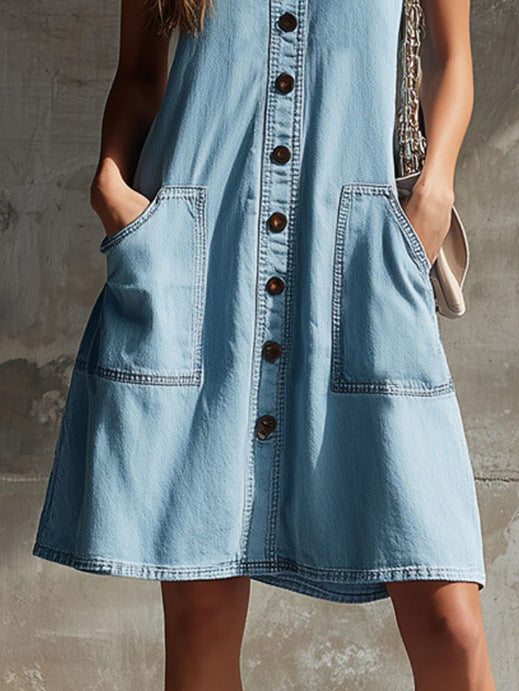 Robe chemise en jean sans manches pour femme, chic et décontractée
