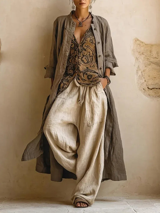Ensemble trois pièces cardigan long, débardeur et pantalon bohème en lin et coton