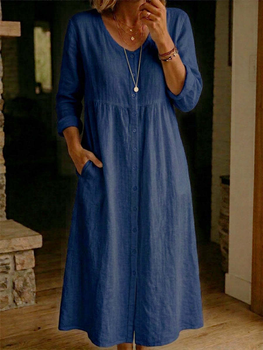 Plain women's dress for spring/autumn, A-line long-sleeved dress