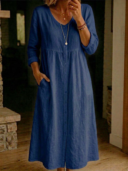 Plain women's dress for spring/autumn, A-line long-sleeved dress