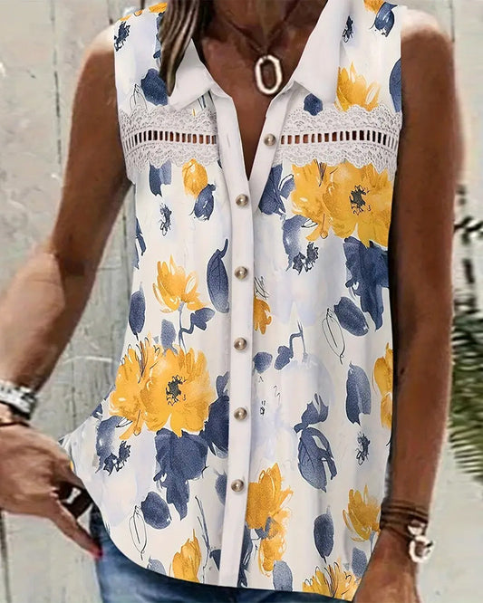 Sleeveless tank top with printed and openwork lapel