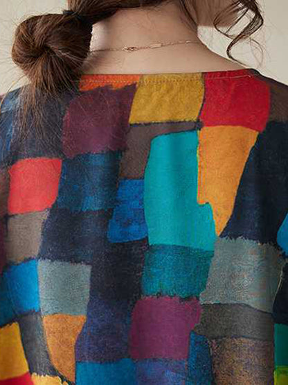 Robes midi à col rond, sans manches amples, à carreaux multicolores contrastés