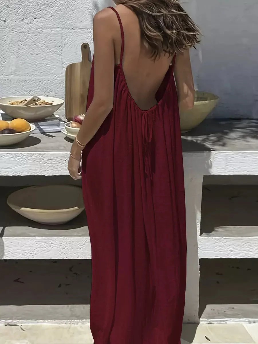 Robe longue maxi à fines bretelles et dos nu