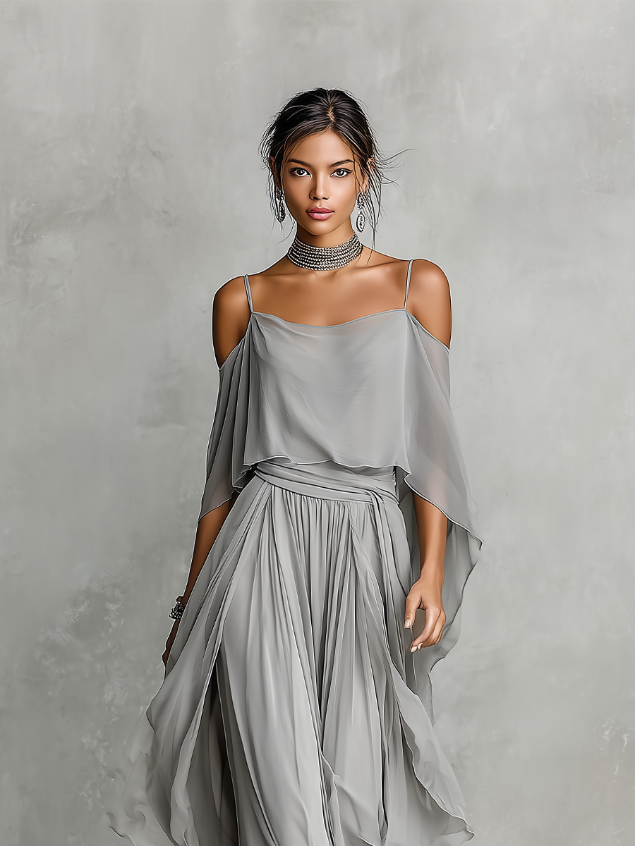 Robe longue femme grise en mousseline respirante avec détail épaules dénudées et silhouette évasée