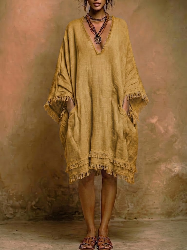 Robe ample en lin et coton effiloché style bohème